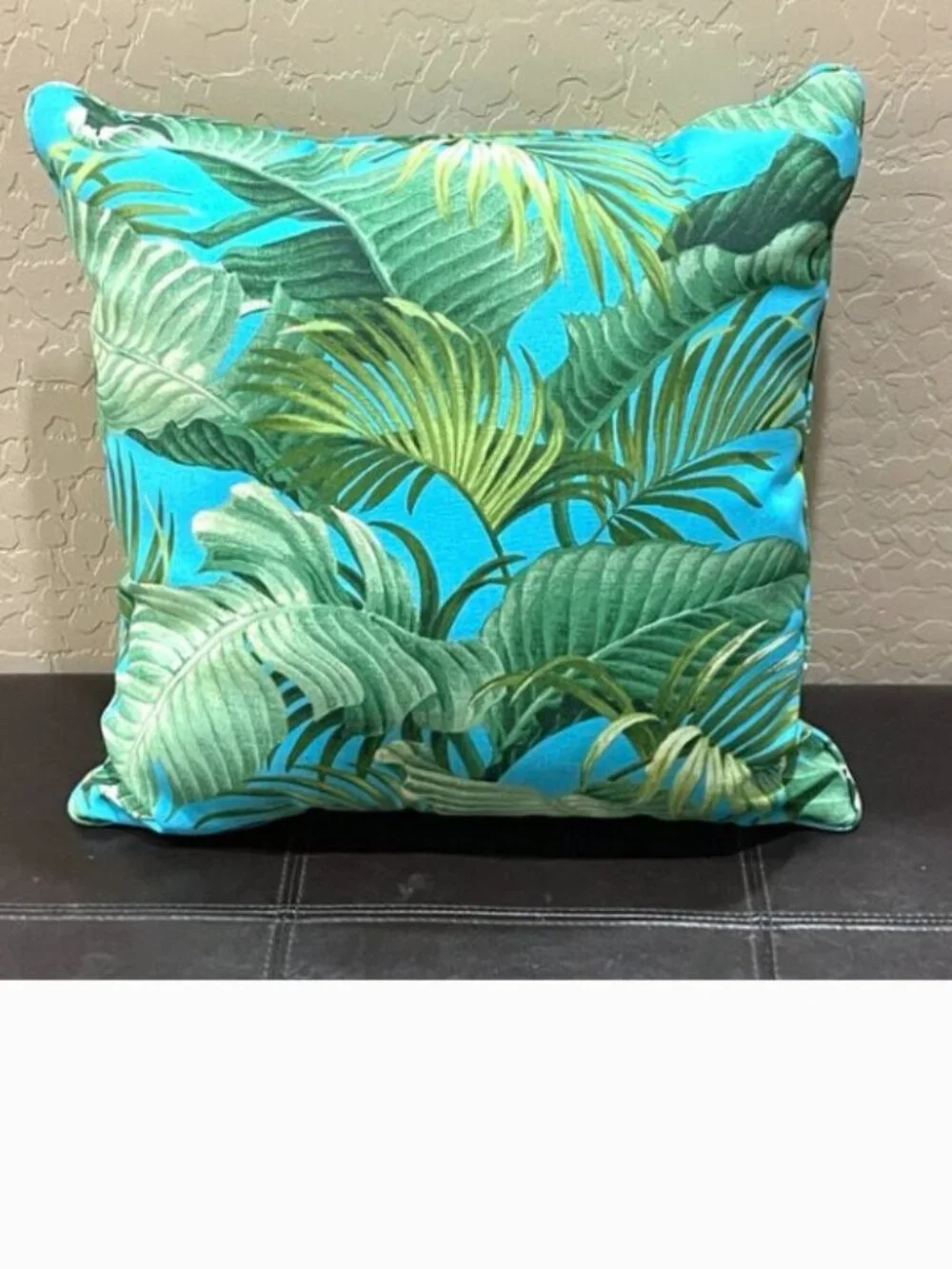 Tropical Vibe Indoor Outdoor Turquoise Blue Green Palm Leaf Throw Pillow Square